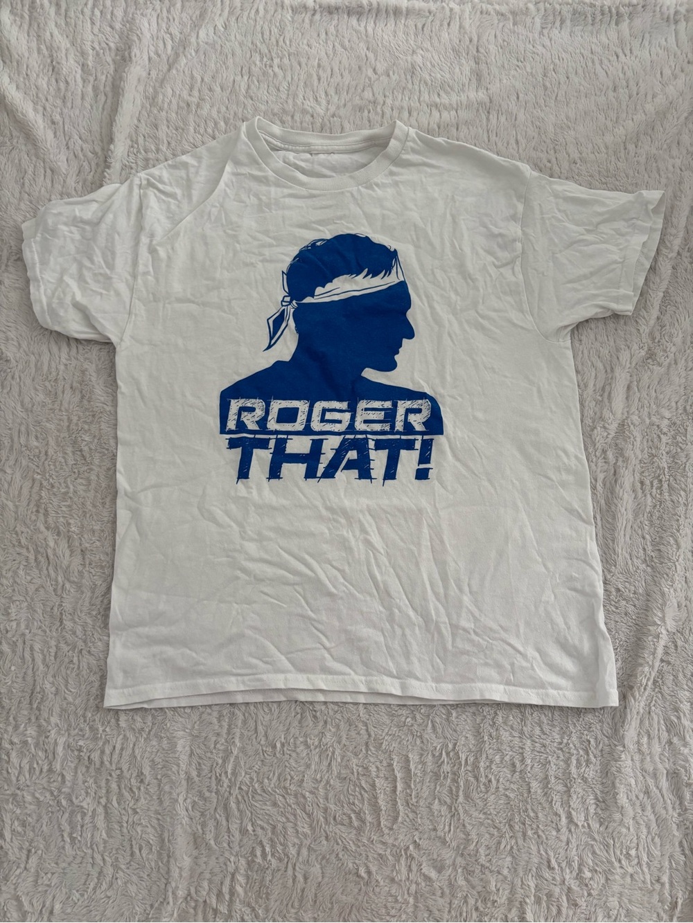 Men's White Graphic Tee with Bold Blue 'Roger That' Print